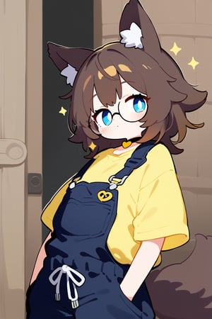 A medium shot of a confident individual wearing a bold, pastel bright yellow shirt with contrasting dark blue coveralls. Wolf ears and tail adorn her head and back, while round glasses and a black choker featuring the metal heart symbol add eclectic flair. Her medium brown hair and eyes sparkle as she stands before a rustic wooden door, hands tucked into pockets, the vibrant color combination drawing attention.