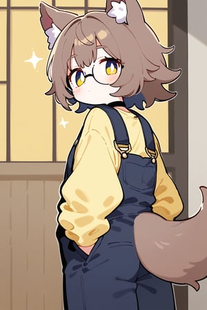 A medium shot of a confident individual wearing a bold, pastel bright yellow shirt with contrasting dark blue coveralls. Wolf ears and tail adorn her head and back, while round glasses and a black choker featuring the metal heart symbol add eclectic flair. Her medium brown hair and eyes sparkle as she stands before a rustic wooden door, hands tucked into pockets, the vibrant color combination drawing attention.