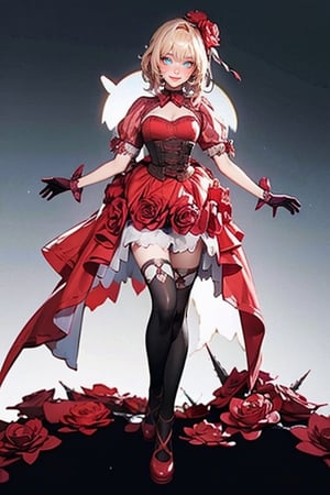 ((full body)), rosemi mixed with ruanyi0187, best quality,masterpiece,highres,official art,extremely detailed cg unity 8k wallpaper, 1girl, smiling, blushing cheeks, (thorns),flower in her hair, short puffy sleeves, cutouts on the shoulders, corset, red dress, dark green gloves, black thigh-high stockings, black bow, white background,(heart hands, own hands together)