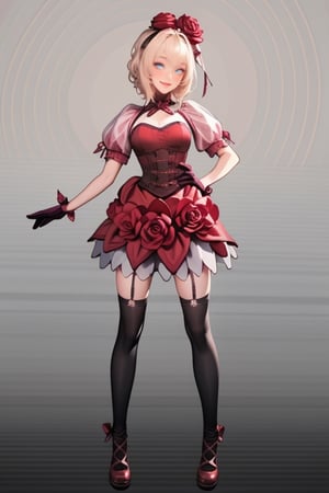 ((full body)), rosemi mixed with ruanyi0187, best quality,masterpiece,highres,official art,extremely detailed cg unity 8k wallpaper, 1girl, smiling, blushing cheeks, (thorns),flower in her hair, short puffy sleeves, cutouts on the shoulders, corset, red dress, dark green gloves, black thigh-high stockings, black bow, white background,<lora:659111690174031528:1.0>