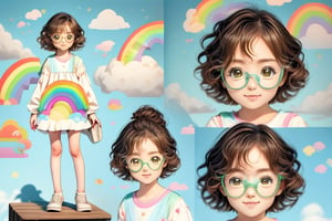 (1girl, loli:1.3,cute girl:1.2, cos:1.2),(best quality, masterpiece, perfect face), preteen girl, small tits, full body, raytracing, blank_background, character_sheet, multiple views, brown hair, brown eyes detailed, round eyewear, short hair, white and green cute clothes with clouds and rainbow in the pattern