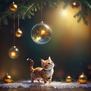 Fantasy photorealistic art of a cute cat Tom in a festive costume standing on the floor tries to hang a beautiful glass sphere on a branch of a Christmas tree, Christmas attributes, cinematic shot, soft light, amber light, magic atmosphere , flying particles, thm style,Anime ,<lora:659095807385103906:1.0>