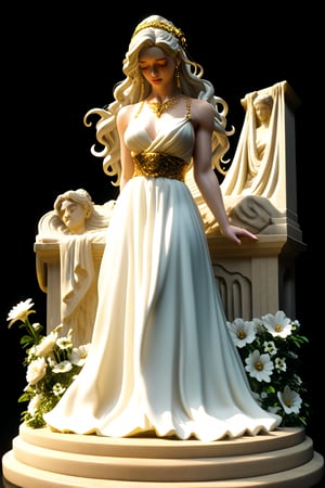 A serene full body marble statue of a woman, draped in a flowing cream-colored gown with white flowers scattered across the skirt, stands solo against a basic black background, outdoors under soft, golden lighting that casts a gentle glow on her tranquil features. The 3D, Hellenistic-inspired marble sculpture exudes a sense of sorrow, with teary eyes closed and lips curving slightly upward, as if gazing wistfully to the left. Made of marble, the sculpture's gracefully carved details evoke a sense of marble skin, radiating an air of nostalgia and longing.,sculpture style