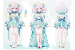full body, masterpiece, best quality, character sheet, solo, multiple view, blank_background, bare feet, bare legs, flat_chested, exposed pussy, solo, laying, kleedef, pink pillow, light_blue, yellow,chara-sheet