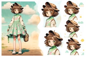 (1girl, loli:1.3,cute girl:1.2, cos:1.2),(best quality, masterpiece, perfect face, clamp \(circle\)), preteen girl, small tits, full body, raytracing, blank_background, character_sheet, multiple views, brown hair, brown eyes detailed, short hair, white and green cute clothes with rain clouds in the pattern,