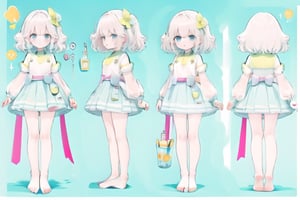 full body, masterpiece, best quality, character sheet, solo, multiple view, blank_background, bare feet, bare legs, flat_chested, solo, pink pillow, light_blue, yellow,chara-sheet, 