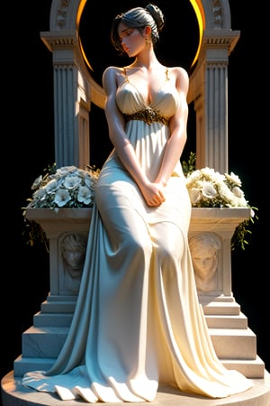 score_9,score_8_up,score_7_up, basic black background, outdoors, solo, 3D, marble sculpture, marble skin, Hellenistic 1st century AD aesthetic, gracefully carved details, made of marble,A serene marble statue of a woman, draped in a flowing cream-colored gown with white flowers scattered across the skirt. The subject's dark hair is coiled into a sleek bun.  Soft, golden lighting illuminates the scene, casting a gentle glow on the statue's tranquil features.,sculpture style