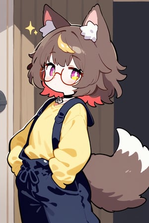 A medium shot of a confident individual wearing a bold, pastel bright yellow shirt with contrasting dark blue coveralls. Wolf ears and tail adorn her head and back, while round glasses and a black choker featuring the metal heart symbol add eclectic flair. Her medium brown hair and eyes sparkle as she stands before a rustic wooden door, hands tucked into pockets, the vibrant color combination drawing attention.