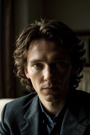 Masterpiece, best quality, photorealistic, upper body, (solo), Combine Cillian Murphy Tom Hiddleston and Benedict Cumberbatch in one person, photo of perfecteyes eyes, reclining on couch, simple background,perfect light,photorealistic,<lora:659111690174031528:1.0>