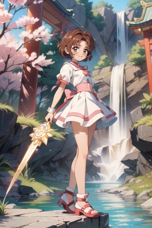 ((Masterpiece in maximum 16K resolution, in a style inspired by the anime Card Captor Sakura)). | Sasaki Rika, in a stunning all-white mage outfit adorned with pink details. Her short accordion skirt, white stockings with pink bands, and pink shoes complement the harmony of the look | The scene unfolds in an ancient temple near a majestic waterfall, featuring white marble structures, altars with ancient writings, and a variety of spirit animals. Sasaki is looking directly at the viewer, her ((brown eyes)) radiating confidence as she offers a ((captivating smile)). Her short brown hair with a large fringe in front of her right eye adds a contemporary touch to her image | The visual composition highlights the magic in the air, with appropriate lighting emphasizing the details of the outfit and the enchanted environment. | ((sasaki rika, in a mage outfit inspired by Card Captor Sakura, in a mystical setting of an ancient temple next to a waterfall):1.4). | {The camera is positioned very close to her, revealing her entire body as she assumes a pose, interacting with and leaning against a structure in the scene in an exciting way.} | (((She takes a pose as she interacts, boldly leaning on a structure, leaning back in an exciting way.))), (((((full-body_image))))), ((perfect_pose, perfect_anatomy, perfect_body)), ((perfect_finger, perfect_fingers, perfect_hand, perfect_hands, better_hands)), ((perfect_composition)), perfect_design, perfect_layout, perfect_detail, ((more_etail, ultra_detailed, Enhance)).,sasaki_rika