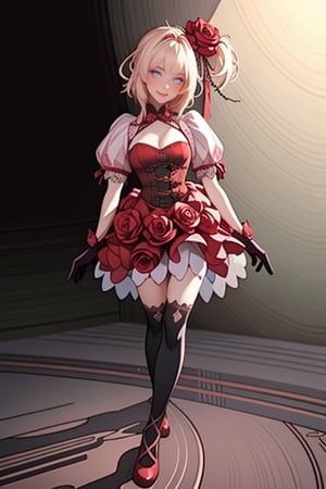 ((full body)), rosemi mixed with ruanyi0187, best quality,masterpiece,highres,official art,extremely detailed cg unity 8k wallpaper, 1girl, smiling, blushing cheeks, (thorns),flower in her hair, short puffy sleeves, cutouts on the shoulders, corset, red dress, dark_green, green gloves, black thigh-high stockings, black bow, pastelbg,<lora:659111690174031528:1.0>