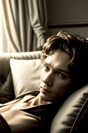 Masterpiece, best quality, photorealistic, upper body, (solo), Combine Cillian Murphy Tom Hiddleston and Benedict Cumberbatch in one person, photo of perfecteyes eyes, reclining on couch, simple background,perfect light,<lora:659111690174031528:1.0>