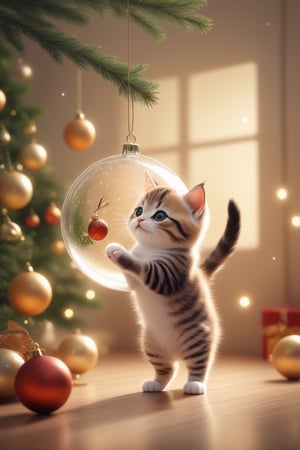 Fantasy photorealistic art of a cute cat Tom in a festive costume standing on the floor tries to hang a beautiful glass sphere on a branch of a Christmas tree, Christmas attributes, cinematic shot, soft light, amber light, magic atmosphere , flying particles, Christmas soks,thm style,Anime ,<lora:659095807385103906:1.0>