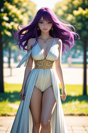 (full body),masterpiece, 1 girl,solo,very bright backlighting,{beautiful and detailed eyes},dazzling sunlight,calm expression,natural and soft light,purple hair, hair blown by the breeze,delicate facial features,eye smile,lips smile,one_breast_out, film grain,realhands, (wearing white dress with golden intricate details), (staff), (holding staff), shot in fantasic sunlight public park,(cowboy shot:1.2),Saori,one breast out,<lora:659111690174031528:1.0>