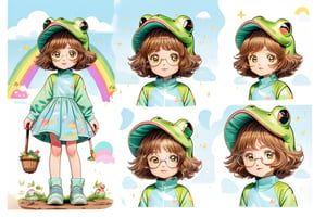 (1girl, loli:1.3,cute girl:1.2, cos:1.2),(best quality, masterpiece, perfect face), preteen girl, small tits, full body, raytracing, blank_background, character_sheet, multiple views, brown hair, brown eyes detailed, round eyewear, short hair, white and green cute clothes with clouds rain rainbow and small cartoon frogs in the pattern