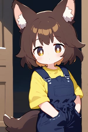 A close-up shot of a person wearing a bold, bright yellow shirt with a contrasting dark blue coverall. She wears wolf ears and a tail, her brown eyes, medium brown hair. The camera focuses on the vibrant color combination as the individual stands confidently in front of a rustic wooden door, hands tucked into pockets. 