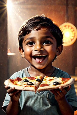  joyful little indian boy, bright lighting, global illumination, uplight, holding pizza slice.