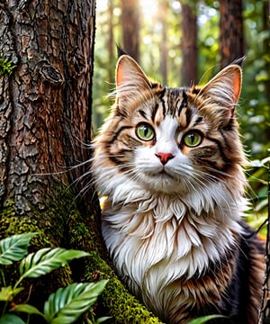 realistic close up photo of an cute cat face that is in an forest near a tree, detailed realistic fluffy fur, 