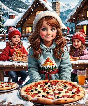  a 5 year old girl that is in a party in snowy area, sitting on a table, pizza in front of her, detailed, realistic, surrounded by kids, wearing winter dresses, background hills and trees covered with snow