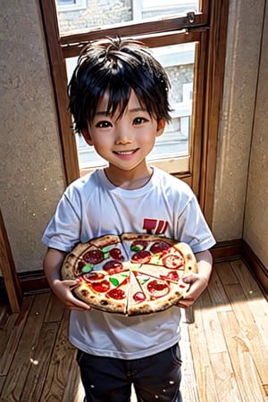  joyful little Asian boy, bright lighting, global illumination, uplight, holding pizza slice, hyper realistic