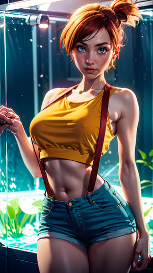 1girl, solo, Misty from pokemon, (athletic body, small breasts, skinny waist, wide hips, huge thighs), ((pretty green eyes)), ginger hair, tiny denim shorts, short loose yellow crop top, red suspenders, (holding hands behind back), facing viewer, looking at viewer, in an aquarium, (masterpiece, best quality, realistic, intricate, high resolution), Misty_Pokemon, cinematic lighting, evenly lit, soft lighting