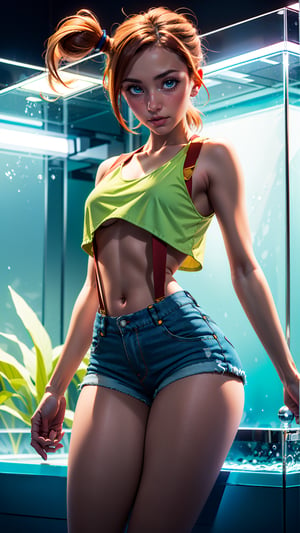1girl, solo, sweet young woman, 20 years old, Misty from pokemon, (athletic body, very small breasts, tiny tits, flat chest, skinny waist, wide hips, huge thighs), ((pretty green eyes)), ginger hair, ripped denim shorts, loose yellow crop top, loose crop shirt, hanging crop top, red suspenders, cute pose, facing viewer, looking at viewer, in an aquarium, pastel colors, muted colors, (masterpiece, best quality, realistic, intricate, high resolution), Misty_Pokemon, cinematic lighting, evenly lit, soft lighting, water type pokemon in fish tank in background