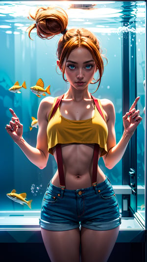 1girl, solo, Misty from pokemon, (athletic body, small breasts, skinny waist, wide hips, huge thighs), pretty green eyes, ginger hair, tiny denim shorts, short loose yellow crop top, red suspenders, facing viewer, looking at viewer, in an aquarium, (masterpiece, best quality, realistic, intricate, high resolution), Misty_Pokemon, (Hands:1.1), better_hands, well lit, cinematic lighting