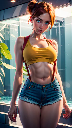 1girl, solo, sweet young woman, Misty from pokemon, (athletic body, small breasts, flat chest, skinny waist, wide hips, huge thighs), ((pretty green eyes)), ginger hair, ripped denim shorts, camel toe, yellow crop top, red suspenders, cute pose, facing viewer, looking at viewer, in an aquarium, (masterpiece, best quality, realistic, intricate, high resolution), Misty_Pokemon, cinematic lighting, evenly lit, soft lighting
