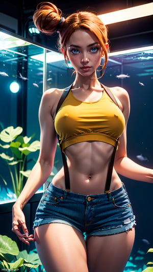 1girl, solo, Misty from pokemon, (athletic body, small breasts, skinny waist, wide hips, huge thighs), pretty green eyes, ginger hair, tiny denim shorts, short loose yellow crop top, red suspenders, facing viewer, looking at viewer, in an aquarium, (masterpiece, best quality, realistic, intricate, high resolution), Misty_Pokemon, (Hands:1.1), better_hands, well lit, cinematic lighting, 