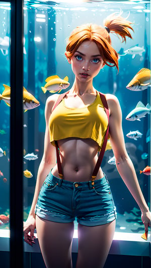 1girl, solo, Misty from pokemon, (athletic body, small breasts, skinny waist, wide hips, huge thighs), ((pretty green eyes)), ginger hair, tiny denim shorts, short loose yellow crop top, red suspenders, facing viewer, looking at viewer, in an aquarium, (masterpiece, best quality, realistic, intricate, high resolution), Misty_Pokemon, (Hands:1.1), better_hands, well lit, cinematic lighting,realhands