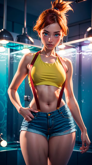 1girl, solo, Misty from pokemon, (athletic body, small breasts, skinny waist, wide hips, huge thighs), ((pretty green eyes)), ginger hair, tiny denim shorts, short loose yellow crop top, red suspenders, facing viewer, looking at viewer, in an aquarium, (masterpiece, best quality, realistic, intricate, high resolution), Misty_Pokemon, cinematic lighting, evenly lit, soft lighting