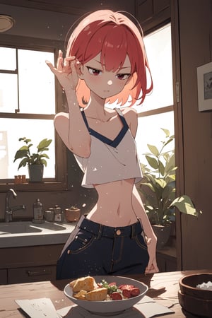 (SaltBaeMeme), by oda non by yogisya, a very skinny girl, red head, sexy baggy crop top, indoors, kitchet, detailed background, twilight, intimacy, soft lighting, masterpiece, best quality, high quality, highres, absurdres, very detailed, high resolution, sharp, sharp image, 8k, vivid, colorful, stunning, anime, aesthetic,skinny,