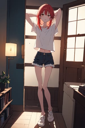 by oda non by yogisya, a very skinny girl from the side looking out the window, red head, sexy very baggy white shirt, indoors, narrow storage room, detailed background, twilight, intimacy, soft lighting, masterpiece, best quality, high quality, highres, absurdres, very detailed, high resolution, sharp, sharp image, 8k, vivid, colorful, stunning, anime, aesthetic,skinny