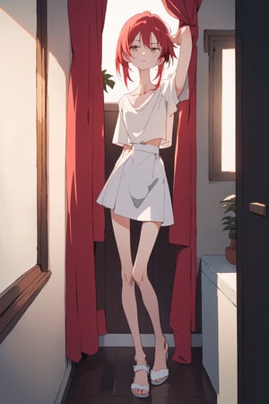 by oda non by yogisya, a very skinny girl from the side looking out the window, red head, sexy very baggy white formal shirt, indoors, narrow storage room, detailed background, twilight, intimacy, soft lighting, masterpiece, best quality, high quality, highres, absurdres, very detailed, high resolution, sharp, sharp image, 8k, vivid, colorful, stunning, anime, aesthetic,skinny