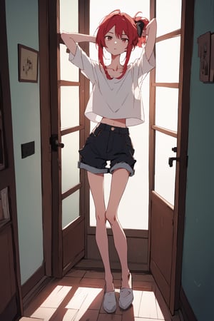 by oda non by yogisya, a very skinny girl from the side looking out the window, red head, sexy very baggy white shirt, indoors, narrow storage room, detailed background, twilight, intimacy, soft lighting, masterpiece, best quality, high quality, highres, absurdres, very detailed, high resolution, sharp, sharp image, 8k, vivid, colorful, stunning, anime, aesthetic,skinny