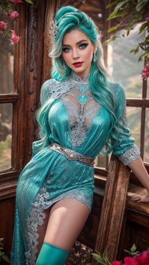 Full body portrait of a Beautiful ethereal woman,(aqua hair,very long hair,(ponytail:1.3)),extremely detailed face and eyes,(big colorful eyes,long eyelashes,double eyelids),(3 gradient Silver shades of eye makeup:1.3),rosy cheek,glossy realistic skin texture,(full lips,silver glitter on aqua lipstick), 
full body portrait,extremely detailed and perfect face,beautiful eyes,(very high detail)), realistic, ((intricate detail)),
(wearing aqua and silver jewlery:1.3), (wearing a silver crown with aqua flowers:1.4), (wearing  (a dress up the knee with long lace sleeves fitted at the waist:1.3)with a moderate V neckline)),

hyperdetailed scenic view landscape, hopeful, happy, soft smile, standing on the mountain, feet visible, mountain shrouded with cloud, flowers, watery, strong wind, strong ambient sunshine, very strong sunshine,back light, studio lighting, cinematic light, ambient light, natural light, volumetric lighting maximalist photo illustration k, resolution high res intricately detailed complex,