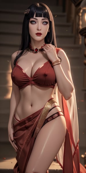 ultra realistic 8k cg, picture-perfect face, flawless, clean, masterpiece, professional artwork, famous artwork, cinematic lighting, cinematic bloom, 

hinata, solo girl, mature female,26yo old, smooth face, detailed face, smooth skin,shiny skin,
black hair, long hair, hime cut, white eyes, delicate hands, Super Detailed, 8K, Aesthetic, Fantastic, (RAW Photo, Best Quality), (Masterpiece), (Best Quality), Absurd, Intricate Details, (Realistic, Photorealistic), Sharp Focus, (Soft (light)), 1girl, beautiful face, detailed face, perfect proportions, thin waist, navel,round ass,toned thighs,big boobs,((Wearing Crimson red saree, {{dark red}})),jewelery,
,mature_female,sweet smile,sexy full lips,
((dark red lipstick,smokey eye makeup)),
,full-body_portrait,looking-at-viewer,perfect hands,
Beautiful detailed eyes, Beautiful detailed lips, extremely detailed eye and face),  Physically-based rendering, Vivid colors, 
,hyuga hinata,hinata(boruto),Hinata,(full body:1.3)