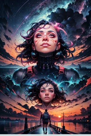 Dusk-lit harbor scene with swirling skies, oil painting by Peter Wileman, side by side with a stylized emotion-driven portrait, Keith Negley's bold color contrasts, adjacent to a futuristic film poster with Art Deco elements, Martin Ansin's touch, all exhibiting sharp textures, digital render, dramatic lighting, ultra detailed.,

,1girl,crazy,red