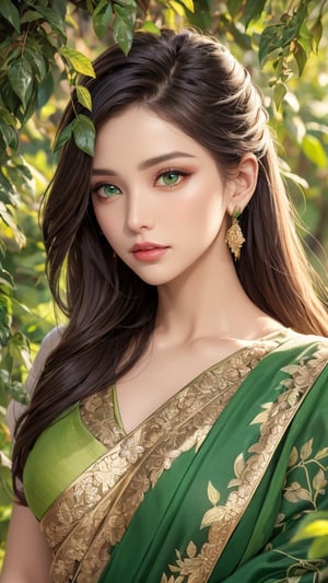 best quality,high resolution, ultra high res, extreme detailed, detailed face, RAW photo,realistic, photo-realistic,**Goddess of Wood**
   - **Appearance:** An enchanting woman with emerald-green eyes, dressed in an outfit made of leaves, vines, and flowers in various shades of green and brown. Her makeup is earthy, with green eyeshadow and natural, soft lips.
   - **Details:** Her hair is long and textured, streaked with shades of green, brown, and gold, resembling the foliage of a forest. The play of light and shade highlights the textures of wood and leaves, with sunlight filtering through the canopy.she is wearing Cotton saree in earthy tones of brown and green. Cotton is a natural fabric that is comfortable and breathable, symbolizing simplicity and grounding. Earthy tones like brown and green connect with the soil, rocks, and plants, embodying the nurturing and stable qualities of earth.
   - **Composition:** The background is a vibrant palette of greens and browns, with colorful flowers adding contrast. The entire scene captures the lush and vibrant energy of a forest, with sharp focus on her detailed face and body.