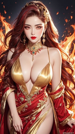 **Goddess of Fire**
   - **Appearance:** A strikingly beautiful woman with an intense gaze, adorned in a highly contrasted outfit of deep reds and oranges, symbolizing flames. Her makeup is bold, with fiery eyeshadow and ruby-red lips.
   - **Details:** Her hair is long, streaked with shades of red, gold, and auburn, resembling dancing flames. The play of light and shade emphasizes her fiery nature, with sparkling sunlight casting a golden glow on her intricate outfit.
   - **Composition:** The background is a vibrant palette of reds and yellows, with a hint of blue to contrast. The entire composition captures the dynamic energy of fire, with sharp focus on her detailed face and body.,Scarlett 