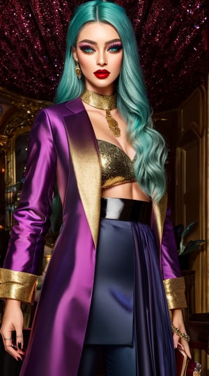 Full body  portrait of a beautiful ethereal woman, her very long aqua hair cascading down in soft waves, framing a face of extreme detail and elegance. Her eyes, big and colorful, boast three gradient purple shades of eyeshadow and eyeliner, accentuating her double eyelids and long lashes. Rosy cheeks adding a touch of warmth to her ethereal beauty, and her skins glossy texture shines in the cinematic light, highlighting each and every realistic pore and Wrinkle. Full lips adorned with golden glitter on her lipstick, complementing the aqua and purple jewels she wears around her neck and wr