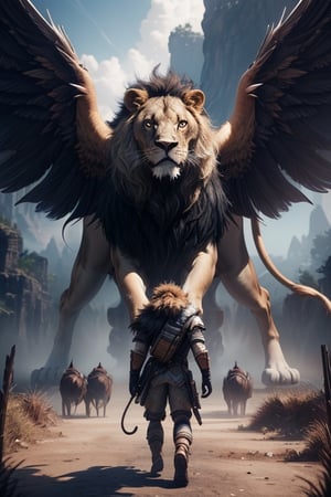 lion with 2 magnificent wings ridden by warriors. 3D Game Cinematic Feel, Epic 3D Videogame Graphics, Intricately Detailed, 8K Resolution, Dynamic Lighting, Unreal Engine 5, CryEngine, Trending on ArtStation, HDR, 3D Masterpiece, Unity Render, Perfect Composition
