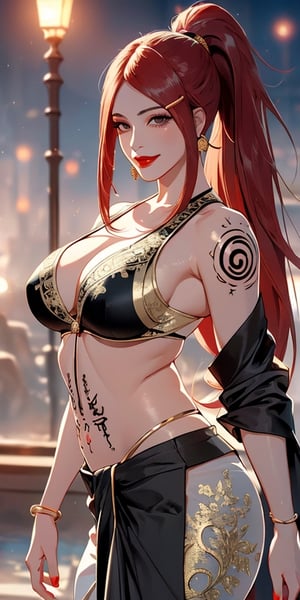 ((masterpiece)), ((best quality)), ((super quality)), ((best quality CG wallpaper)), wide shooting angle, (digital painting), beautiful woman,Uzumaki Kushina, very sexy appearance, seductive , rosy cheeks,double eyelids, smooth skin, long hair, grey eyes, big breasts, facial details,minimal makeup, cleavage cutout,slim thighs,hourglass body,juicy lips(red lipstick),(blush:0), sharp eyes,(()(wearing black silk saree with golden embroidery)), 
facing the viewer, cowboy shot, glamour,hot spring   in background,,very realistic medical view, solo,cinematic lighting, ((very high detail)), realistic, ((intricate detail)), 3945902514, large_breasts, standing, pin up style,solo, masterpiece, best quality, detailed face, detailed eyes, malicious smile,seductive_expression,wonder beauty,ponytail,uzumaki_kushina,tattoo_HakkeNoFuuinShiki,1 girl