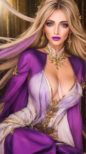 Ethereal woman stands in a warm, cinematic lighting, soft focus on her delicate features. Her long, flowing aqua hair cascades down, framing her porcelain complexion and striking facial structure. Her eyes, a masterpiece of eyeshadow and eyeliner, shimmer with three gradient purple hues, complemented by her double eyelids and luscious lashes. Rosy cheeks add a touch of warmth to her otherwise otherworldly beauty. Glossy skin glows, highlighting each pore and wrinkle. Full lips, painted with golden glitter lipstick, match the radiant tone of the aqua and purple jewels adorning her neck.