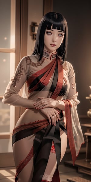 ultra realistic 8k cg, picture-perfect face, flawless, clean, masterpiece, professional artwork, famous artwork, cinematic lighting, cinematic bloom, 

hinata, solo girl, mature female,26yo old, smooth face, detailed face, smooth skin,shiny skin,
black hair, long hair, hime cut, white eyes, delicate hands, Super Detailed, 8K, Aesthetic, Fantastic, (RAW Photo, Best Quality), (Masterpiece), (Best Quality), Absurd, Intricate Details, (Realistic, Photorealistic), Sharp Focus, (Soft (light)), 1girl, beautiful face, detailed face, perfect proportions, thin waist, navel,round ass,toned thighs,((Wearing a tight red sheer tight cotton saree with black embroidery)),jewelery,
,mature_female,sweet smile,sexy full lips,dark red lipstick,smokey eye makeup,
,full-body_portrait,looking-at-viewer,perfect hands,
Beautiful detailed eyes, Beautiful detailed lips, extremely detailed eye and face),  Physically-based rendering, Vivid colors, 
,hyuga hinata,hinata(boruto),Hinata,(full body:1.3)