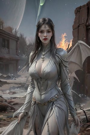 Photorealistic, highly detailed, survivor succubus with masterpiece, best quality, aesthetic, moonlit lakes, auroras,noc-space wings walking on an alien planet, intimidating, destruction, dystopia, alien planet, fire, post-apocalyptic, fantasy, Giger, 

monster, detailmaster2