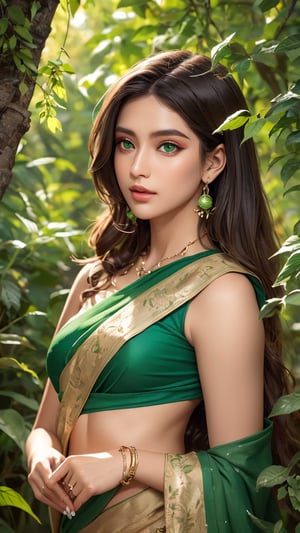 best quality,high resolution, ultra high res, extreme detailed, detailed face, RAW photo,realistic, photo-realistic
**Goddess of Wood**
   - **Appearance:** An enchanting woman with emerald-green eyes, dressed in an outfit made of leaves, vines, and flowers in various shades of green and brown. Her makeup is earthy, with green eyeshadow and natural, soft lips.
   - **Details:** Her hair is long and textured, streaked with shades of green, brown, and gold, resembling the foliage of a forest. The play of light and shade highlights the textures of wood and leaves, with sunlight filtering through the canopy.she is wearing Cotton saree in earthy tones of brown and green. Cotton is a natural fabric that is comfortable and breathable, symbolizing simplicity and grounding. Earthy tones like brown and green connect with the soil, rocks, and plants, embodying the nurturing and stable qualities of earth.
   - **Composition:** The background is a vibrant palette of greens and browns, with colorful flowers adding contrast. The entire scene captures the lush and vibrant energy of a forest, with sharp focus on her detailed face and body.