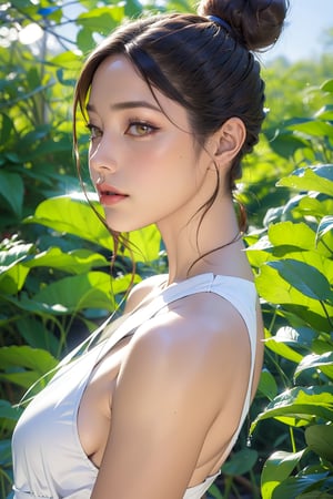 1girl, solo, blurry, leaf, looking_at_viewer, blurry_background, depth_of_field, red_lips, lips, black_hair, food, makeup, hair_bun, fruit, single_hair_bun, closed_mouth, realistic, bare_shoulders, brown_hair, plant, day, nose, sunlight, water_drop