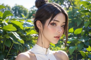 1girl, solo, blurry, leaf, looking_at_viewer, blurry_background, depth_of_field, red_lips, lips, black_hair, food, makeup, hair_bun, fruit, single_hair_bun, closed_mouth, realistic, bare_shoulders, brown_hair, plant, day, nose, sunlight, water_drop