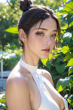 1girl, solo, blurry, leaf, looking_at_viewer, blurry_background, depth_of_field, red_lips, lips, black_hair, food, makeup, hair_bun, fruit, single_hair_bun, closed_mouth, realistic, bare_shoulders, brown_hair, plant, day, nose, sunlight, water_drop